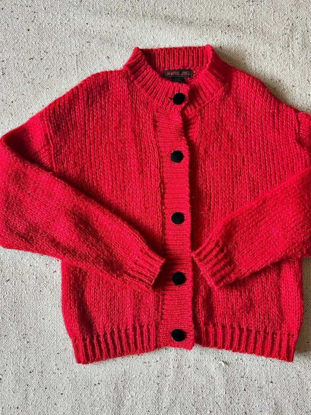 Vintage Memphis Jones Red Chunky Knit Cardigan Sweater Velvet Buttons Oversized